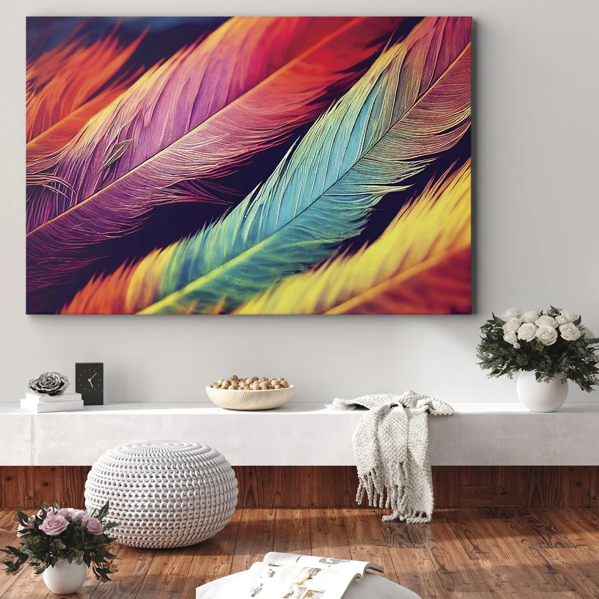 Obraz na plátne - Farebné perie v intenzívnych farbách - 70x50cm - Operená dúha - Moderná nástenná dekorácia do obývacej izby a spálne ARTTOR