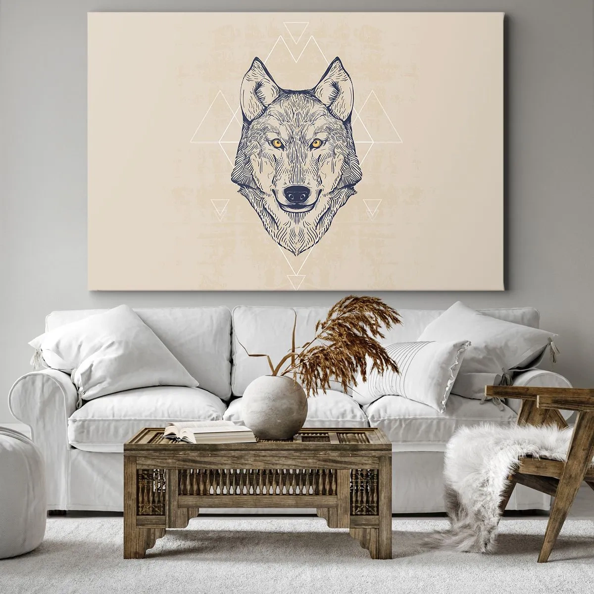 Obraz na plátne - Geometrický vlk na svetlom pozadí s minimalistickými vzormi. - 70x50cm - Alfa o prenikavom pohľade - Moderná nástenná dekorácia do obývacej izby a spálne ARTTOR
