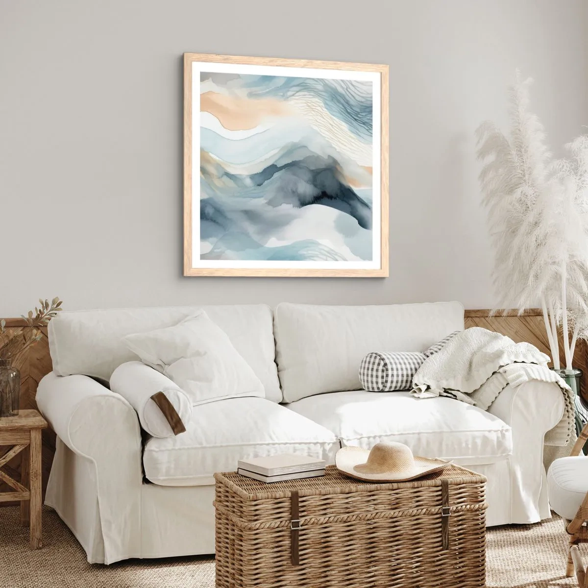 Plagát v ráme zo svetlého duba - Abstrakcia snehu a hmly - 30x30 cm