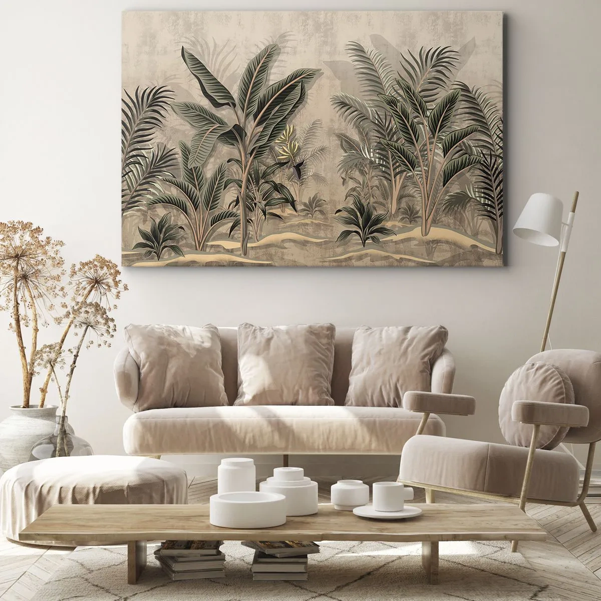 Obraz na plátne - Palmy a tropická vegetácia v odtieňoch zelenej na béžovom pozadí - 70x50cm - Rytina v koloniálnom štýle - Moderná nástenná dekorácia do obývacej izby a spálne ARTTOR