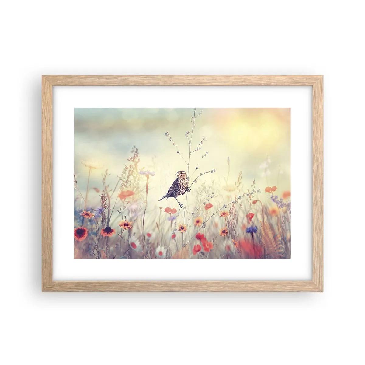 Plagát v ráme zo svetlého duba - Portrét vtáka s lúkou v pozadí - 40x30 cm