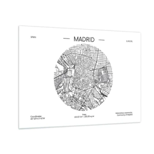 Obraz na skle - Čiernobiela minimalistická mapa Madridu v kruhovom tvare. - 70x50cm - Anatómia Madridu - Moderná nástenná dekorácia do obývacej izby a spálne ARTTOR
