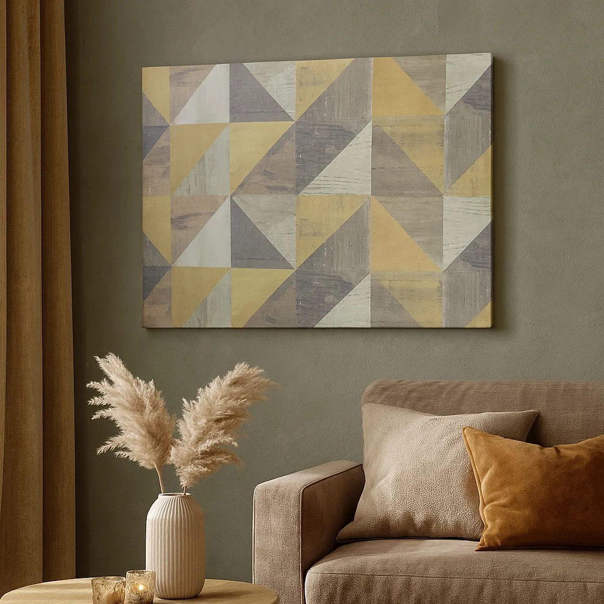 Obraz na plátne - Geometrická kompozícia trojuholníkov v zemitých odtieňoch - 70x50cm - V uhle trojuholníka - Moderná nástenná dekorácia do obývacej izby a spálne ARTTOR
