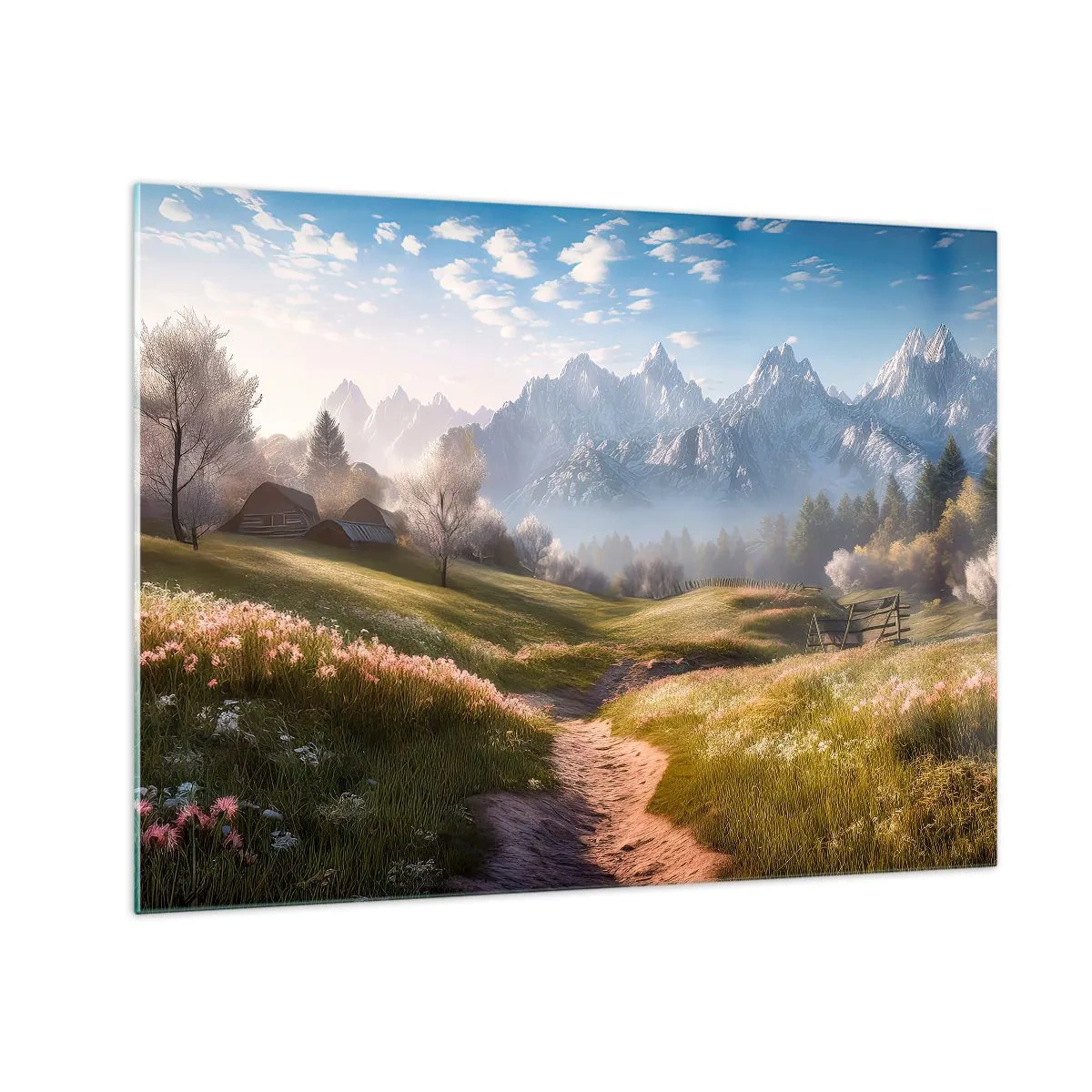 Obraz na skle - Jarná krajina s údolím, kvetmi a horami v pozadí ráno - 70x50cm - Idylické údolie - Moderná nástenná dekorácia do obývacej izby a spálne ARTTOR