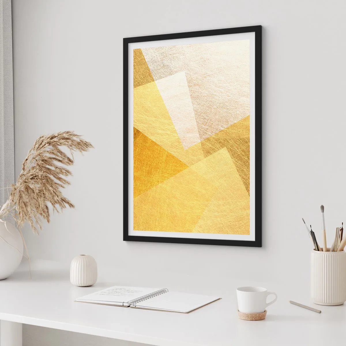 Plagát v čiernom ráme - Zlatá geometrická abstrakcia s kovovým efektom - 50x70cm - Počasie geometrie - Moderná nástenná dekorácia do obývacej izby a spálne ARTTOR