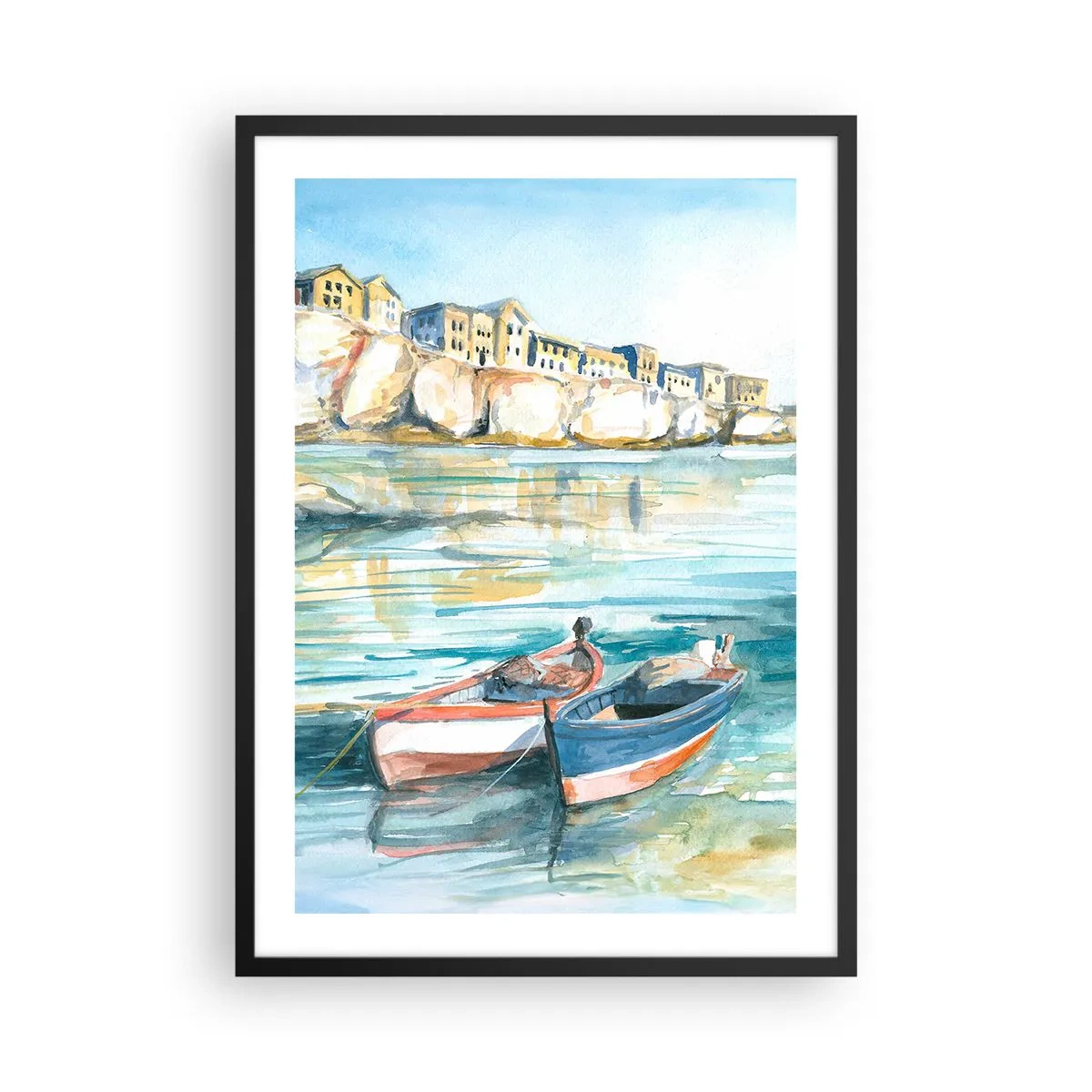 Plagát v čiernom ráme - Akvarelová krajina s loďkami na vode a prímorským mestečkom - 50x70cm - Krajina v modrej - Moderná nástenná dekorácia do obývacej izby a spálne ARTTOR