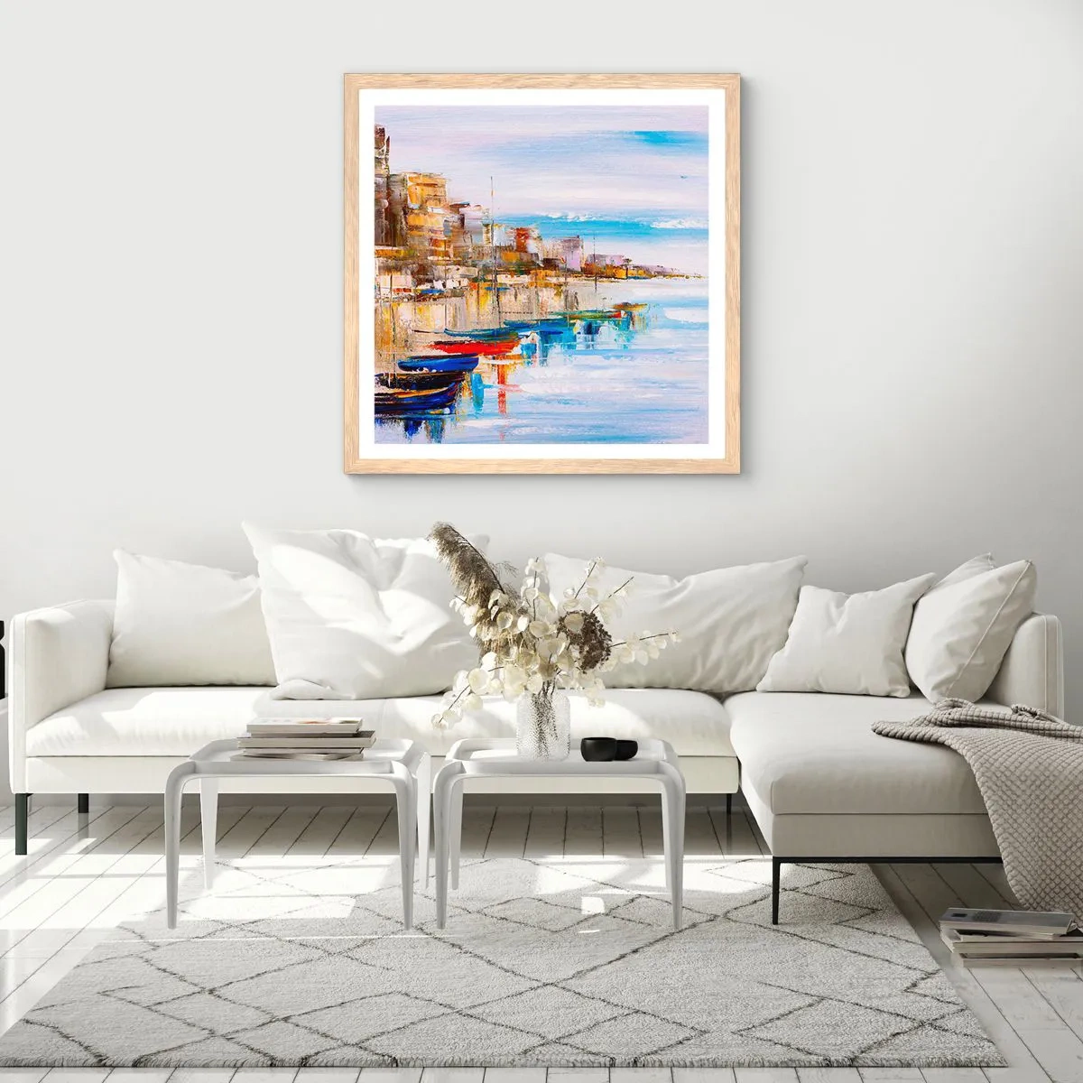 Plagát v ráme zo svetlého duba - Viacfarebný mestský prístav - 60x60 cm