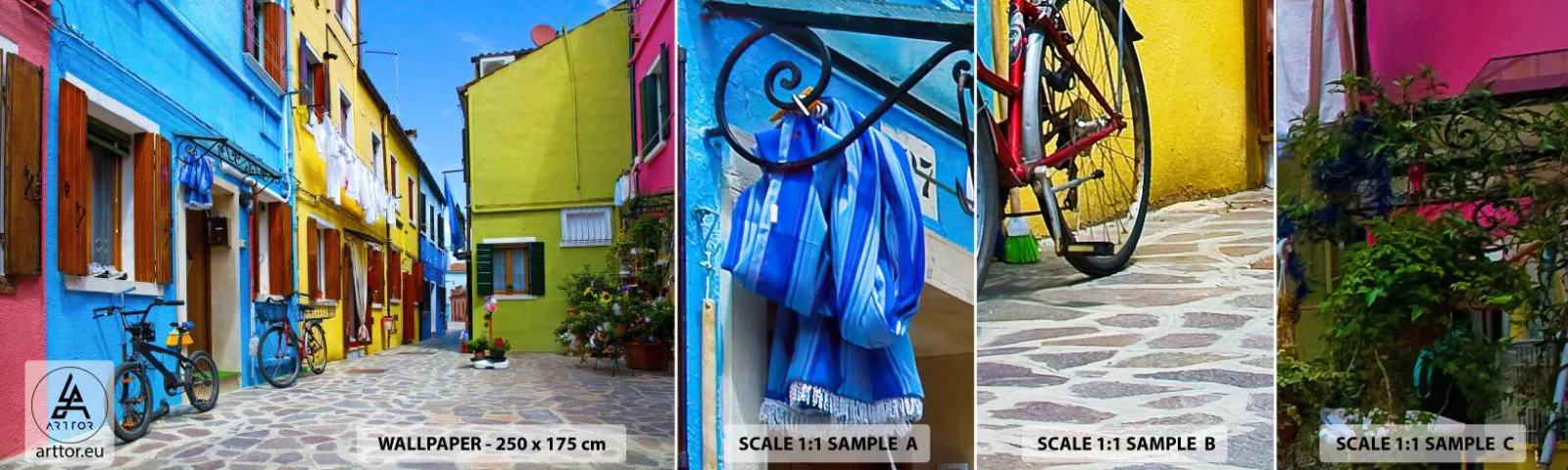 Vzorka Fototapeta Standard Eco - Pastelové, sladké zákutia - Mesto, Bicykle, Ulička - 100x30 cm