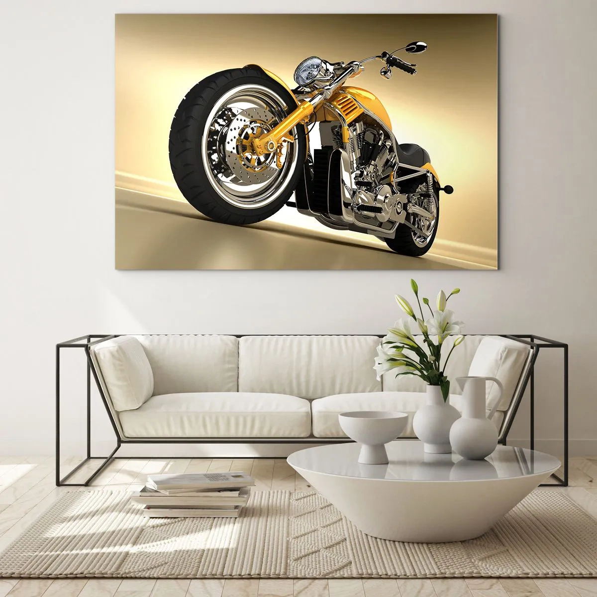 Obraz na skle - Zlatý zákazkový motocykel na svetlom pozadí - 70x50cm - Sen o sile a rýchlosti - Moderná nástenná dekorácia do obývacej izby a spálne ARTTOR