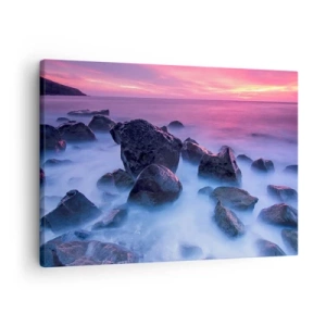 Obraz na plátne - Skalnaté pobrežie pri západe slnka - 70x50cm - Narodeniny v lesku a v hmle - Moderná nástenná dekorácia do obývacej izby a spálne ARTTOR