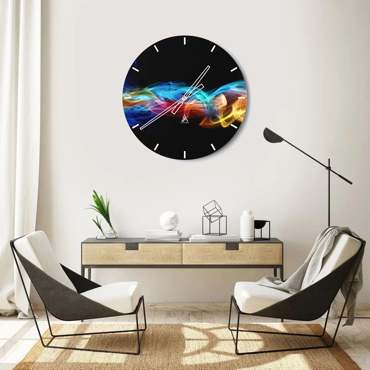 Nástenné hodiny - Farebné pruhy svetla na čiernom pozadí - 30x30cm - Dúhový tanec hmly - Moderná nástenná dekorácia do obývacej izby, kuchyne a spálne ARTTOR