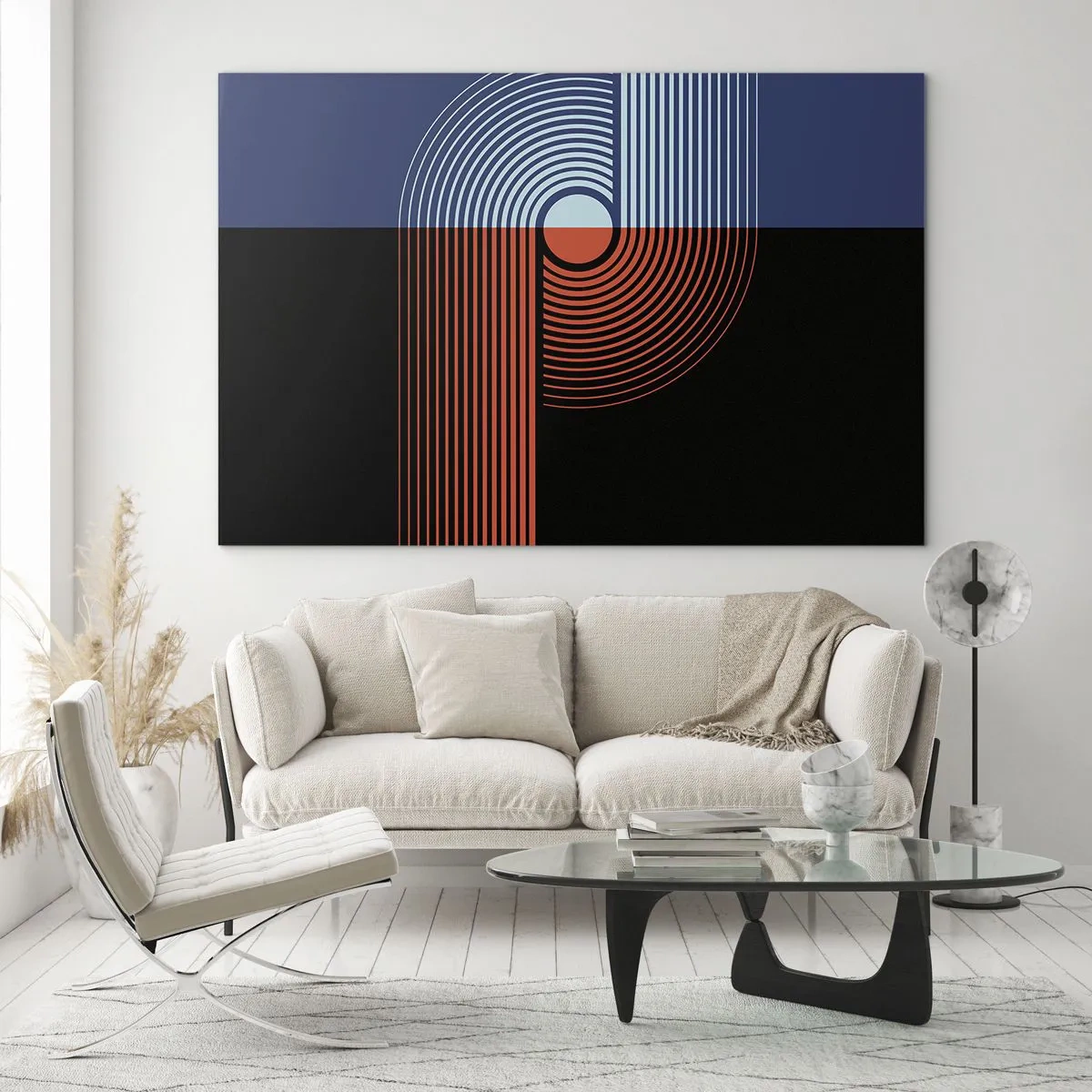 Obraz na skle - Moderná geometrická grafika v kontrastných farbách - 70x50cm - V geometrickom objatí - Moderná nástenná dekorácia do obývacej izby a spálne ARTTOR