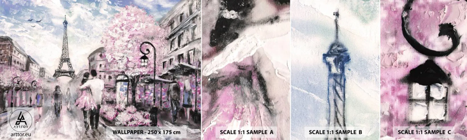 Vzorka samolepiacej fototapety Deluxe Sticker - Keď sa zamilovať, tak len v… - Mesto, Eiffelova veža, Paríž - 100x30 cm