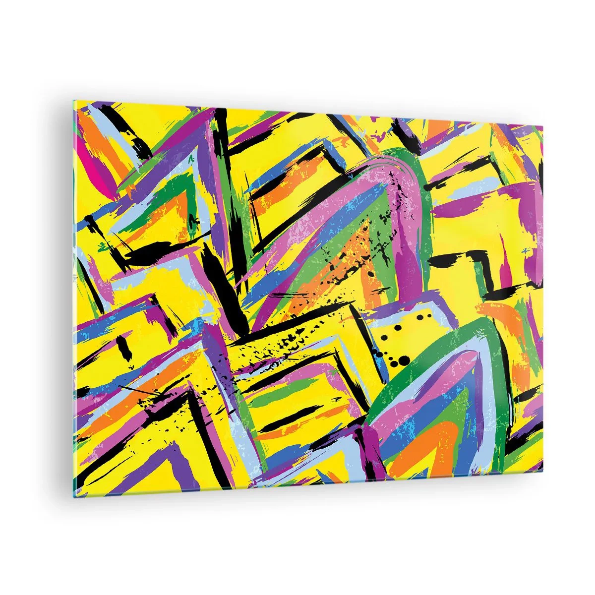 Obraz na skle - Intenzívna abstrakcia v jasných farbách na žltom pozadí - 70x50cm - Až kričí radosťou - Moderná nástenná dekorácia do obývacej izby a spálne ARTTOR