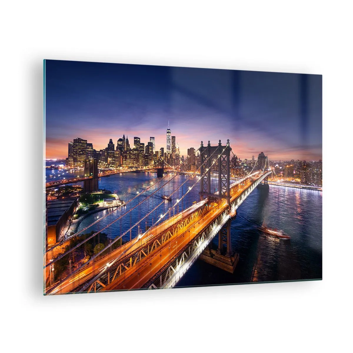 Obraz na skle - Most na pozadí večernej panorámy mesta s osvetlenými mrakodrapmi - 70x50cm - Žiariaci most do srdca mesta - Moderná nástenná dekorácia do obývacej izby a spálne ARTTOR