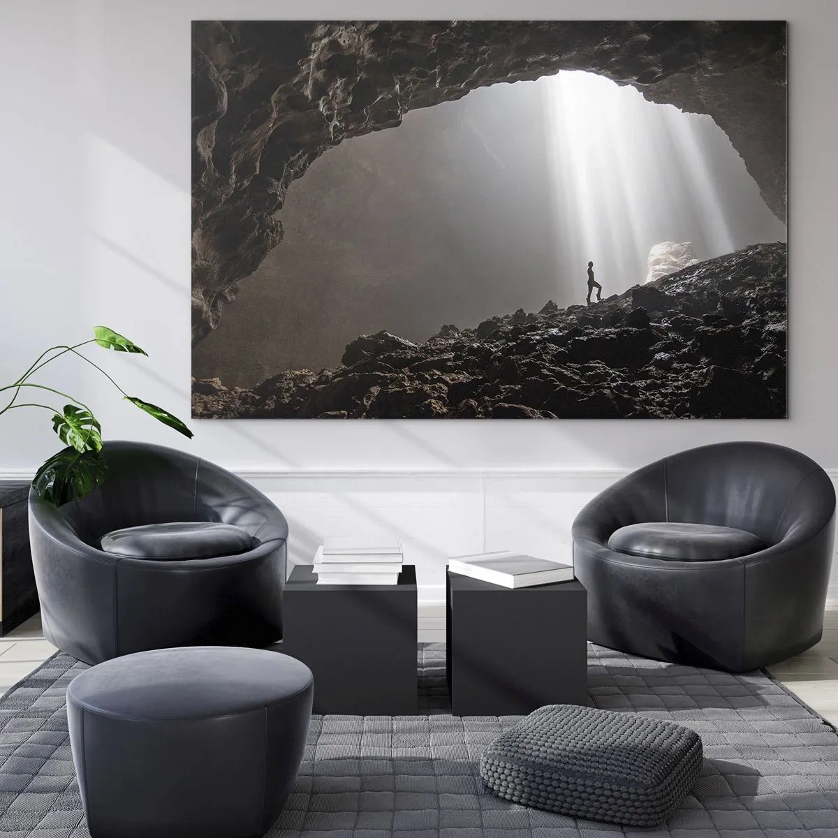 Obraz na skle - Postava v jaskyni osvetlenej lúčmi svetla, obklopená tmavými skalami - 70x50cm - Svetelná jaskyňa - Moderná nástenná dekorácia do obývacej izby a spálne ARTTOR
