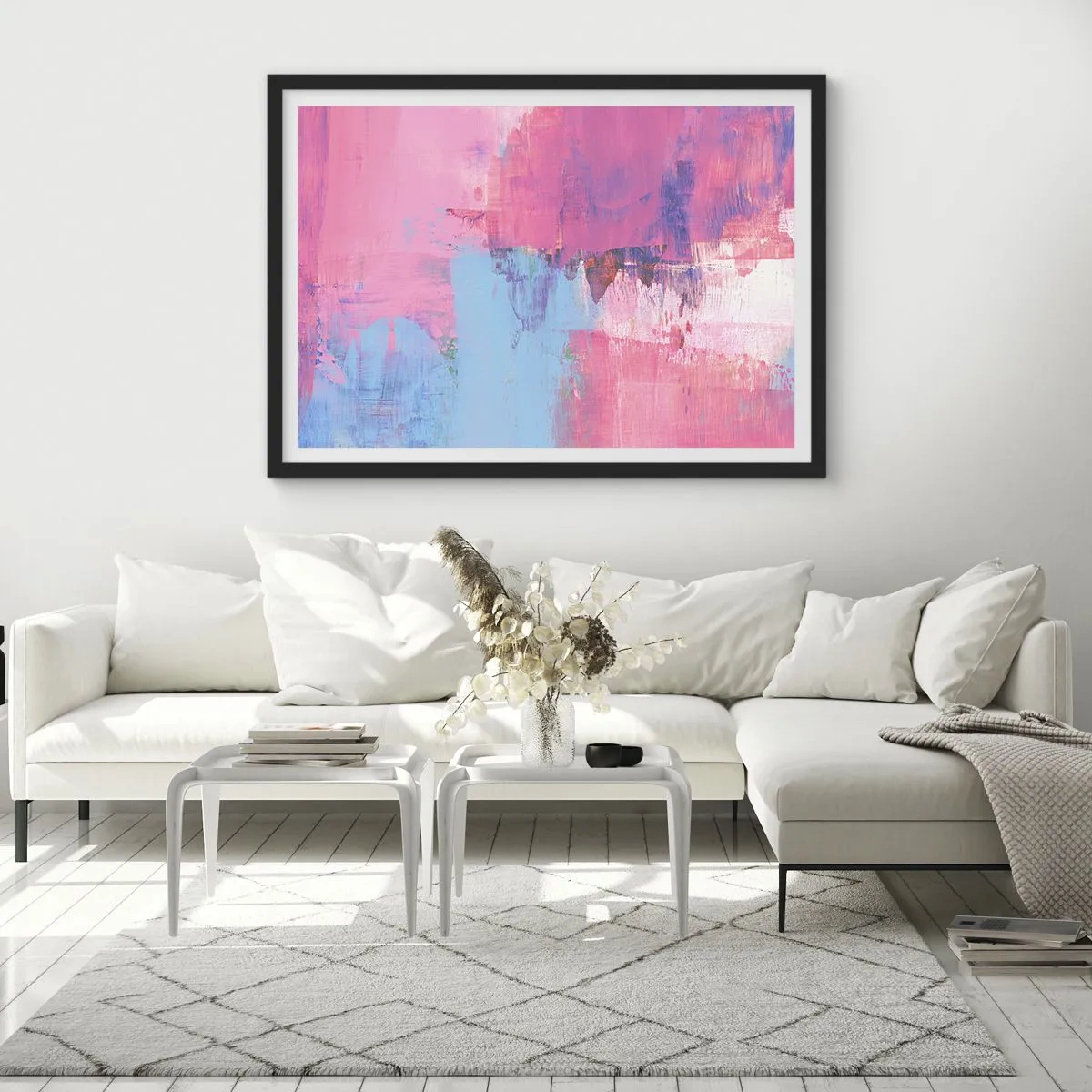 Plagát v čiernom ráme - Ružová, modrá a štipka svetla - 70x50 cm
