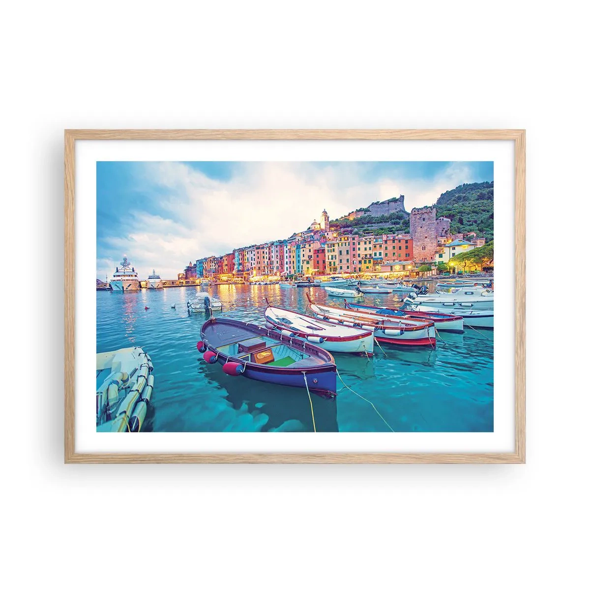 Plagát v ráme zo svetlého duba - Farebný večer v prístave - 70x50 cm