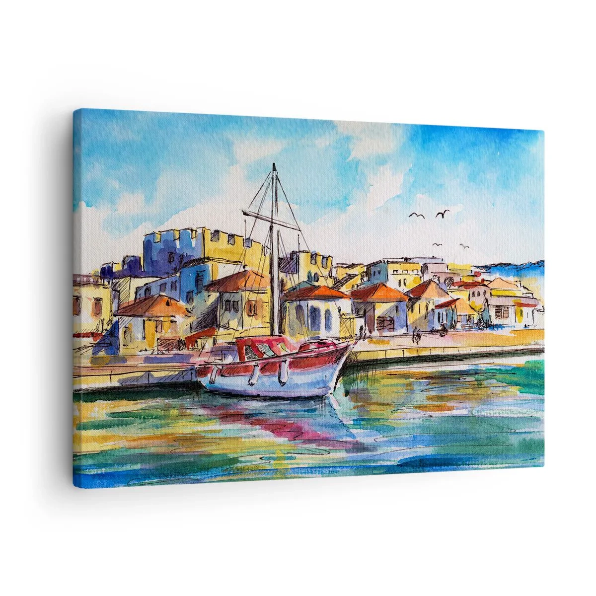 Obraz na plátne - Malebný prístav s loďou a farebnými budovami - 70x50cm - Dúhové popoludnie - Moderná nástenná dekorácia do obývacej izby a spálne ARTTOR
