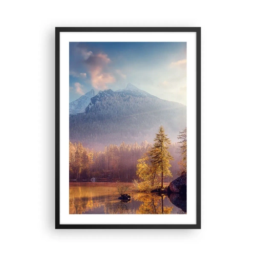 Plagát v čiernom ráme - Jesenná horská krajina s odrazom v jazere - 50x70cm - V horách a údoliach - Moderná nástenná dekorácia do obývacej izby a spálne ARTTOR