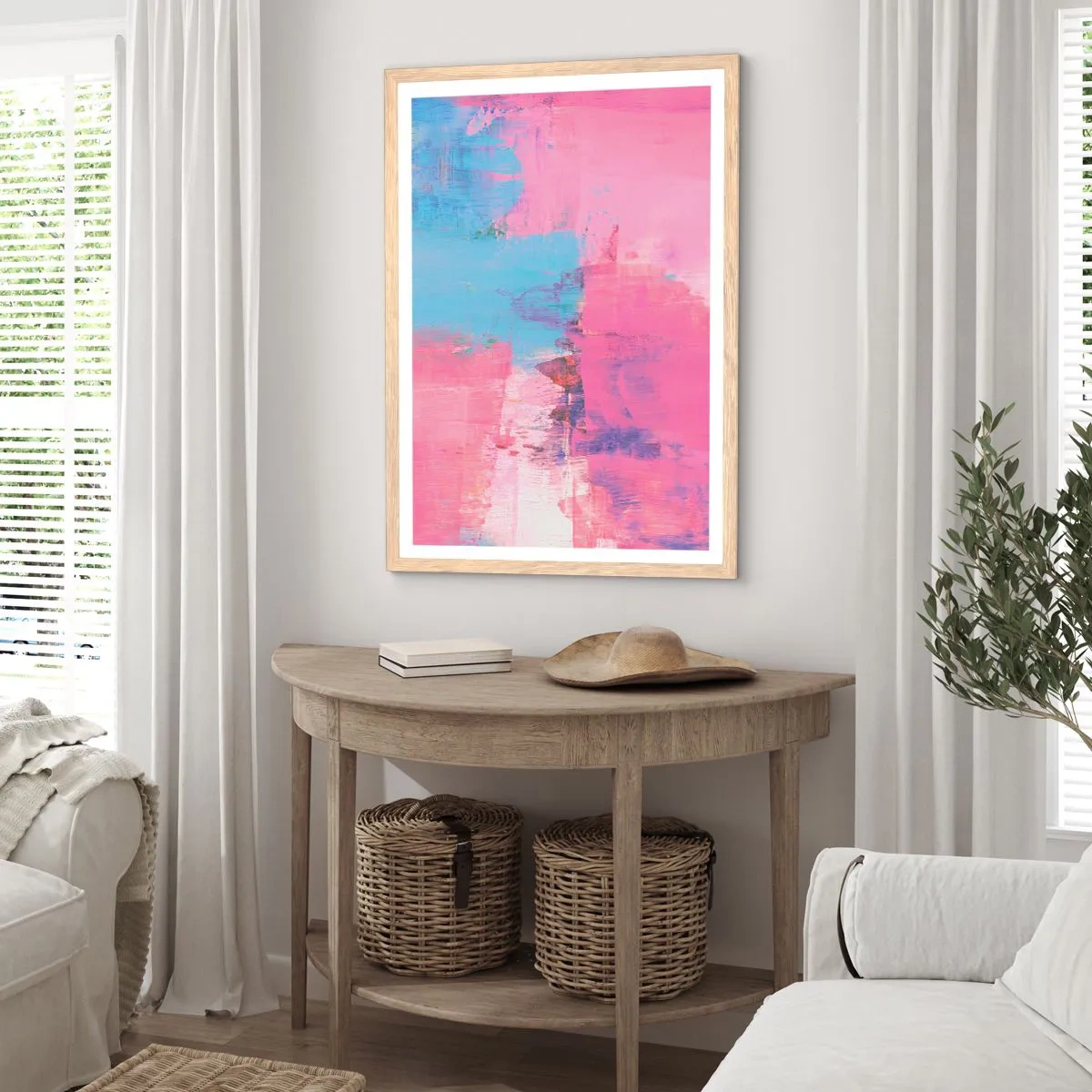 Plagát v ráme zo svetlého duba - Ružová, modrá a štipka svetla - 50x70 cm