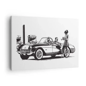 Obraz na plátne - Čiernobiela retro scéna s autom a čašníčkou na kolieskových korčuliach. - 70x50cm - 60. - bezstarostná Amerika - Moderná nástenná dekorácia do obývacej izby a spálne ARTTOR