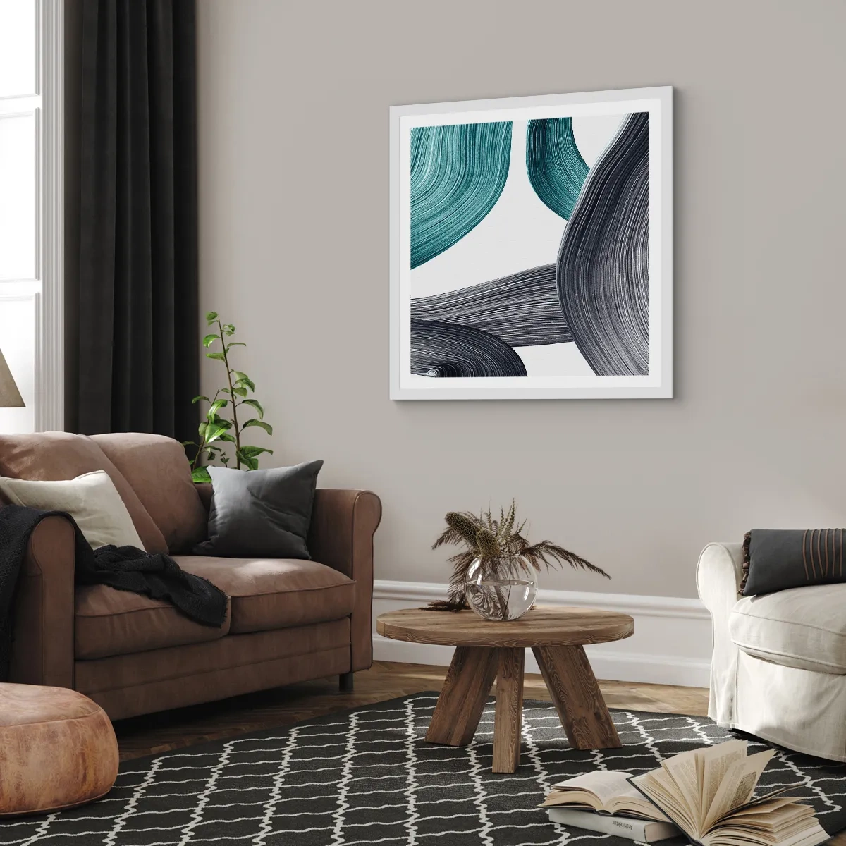 Plagát v bielom ráme - Smaragdové a čierne vlny - 60x60 cm