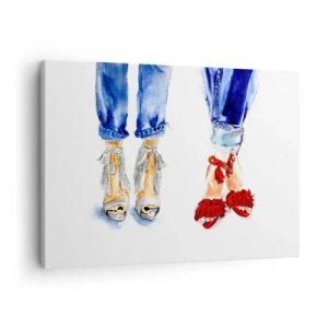 Obraz na plátne - Ilustrácia dvoch párov topánok v štýlových sandáloch a džínsoch - 70x50cm - Možno by sme sa vydali na prechádzku? - Moderná nástenná dekorácia do obývacej izby a spálne ARTTOR