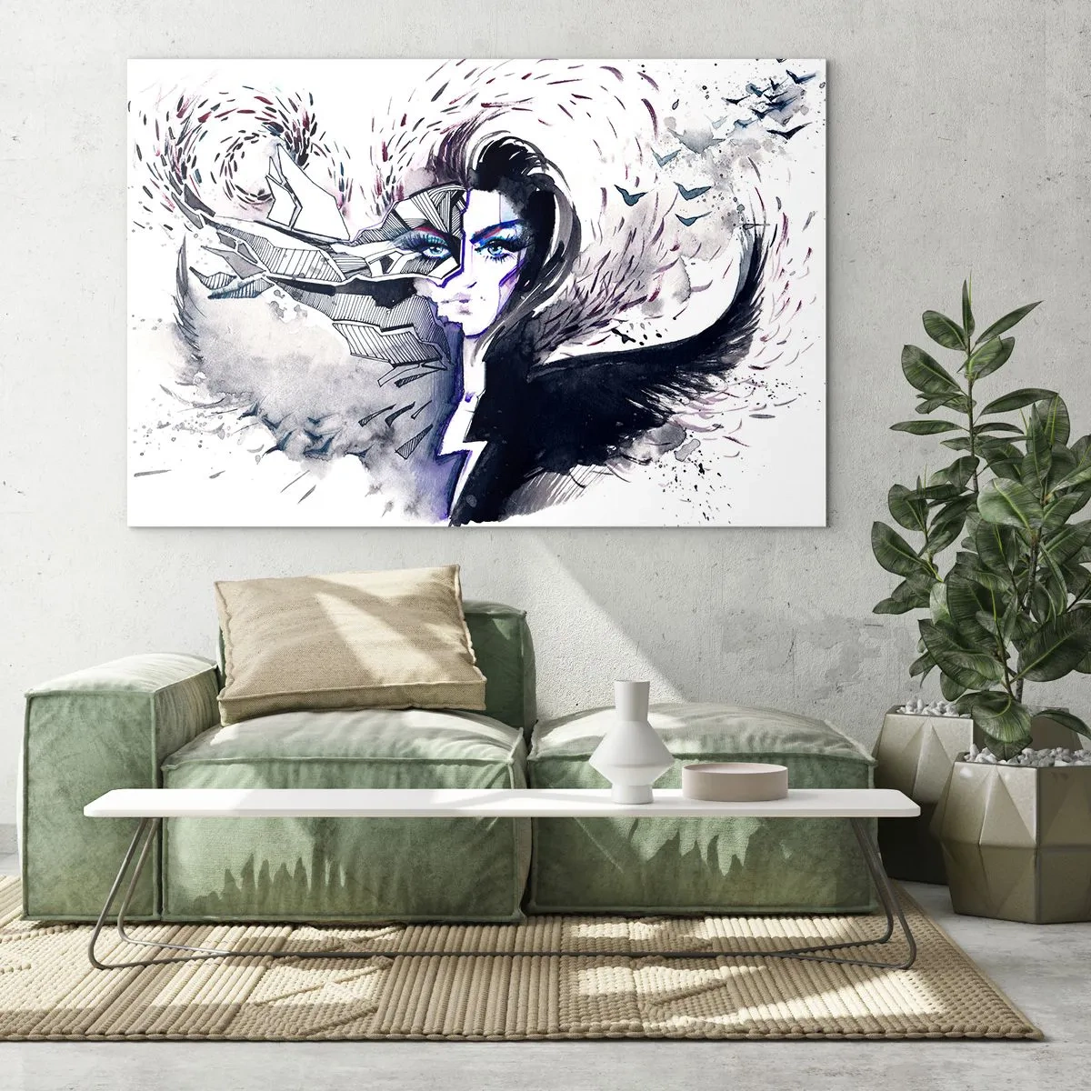 Obraz na skle - Abstraktný portrét s dynamickými prvkami a čiernou - 70x50cm - Démonická a krásna - Moderná nástenná dekorácia do obývacej izby a spálne ARTTOR
