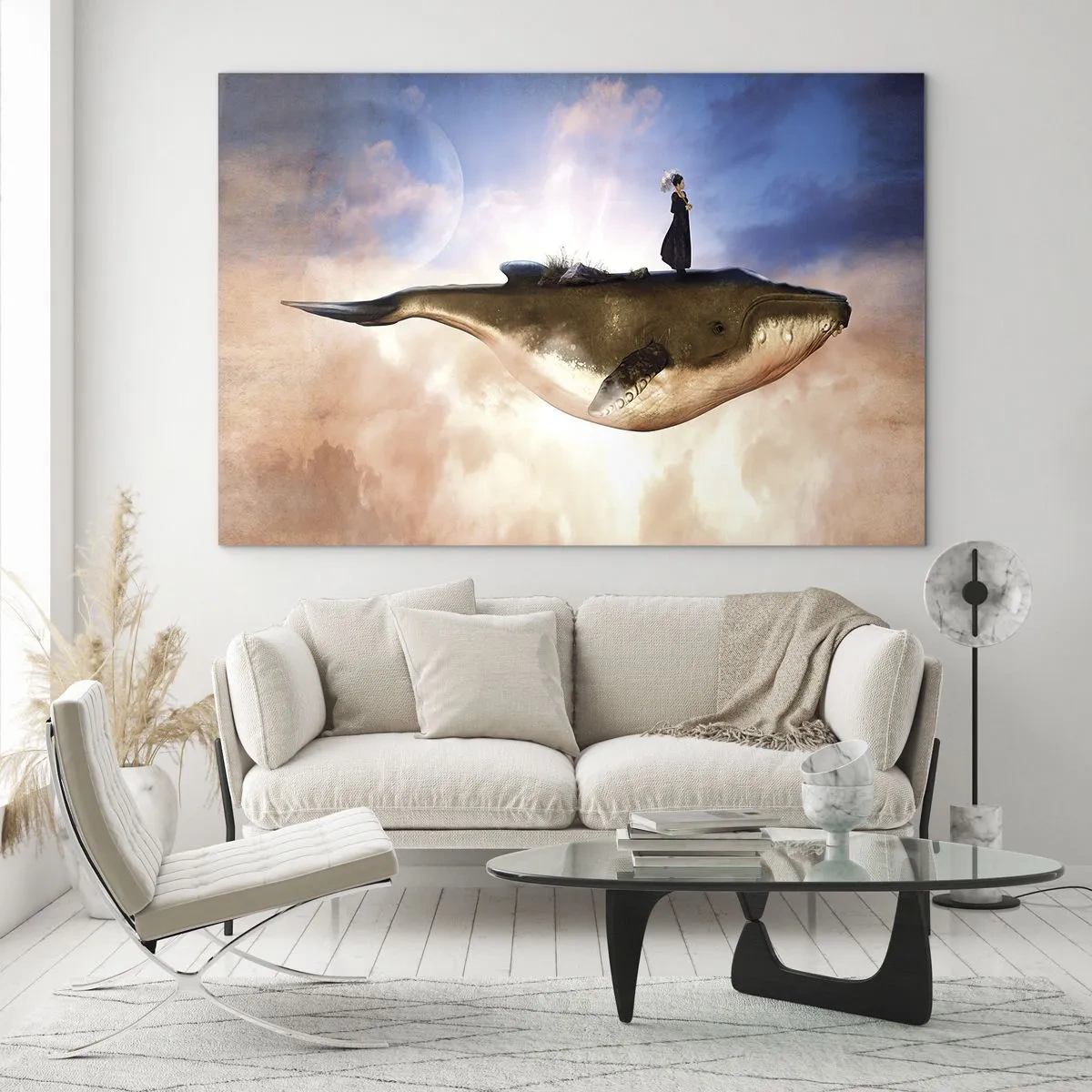 Obraz na skle - Fantastická veľryba vznášajúca sa v oblakoch so ženou na chrbte. - 70x50cm - Surrealistická cesta - Moderná nástenná dekorácia do obývacej izby a spálne ARTTOR