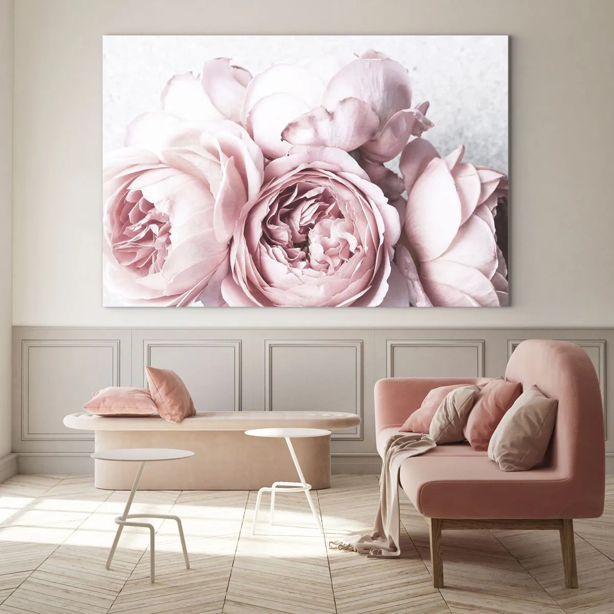 Obraz na skle - Detailný záber na ružové kvety pivonky v mäkkom svetle - 70x50cm - Pre romantikov - Moderná nástenná dekorácia do obývacej izby a spálne ARTTOR