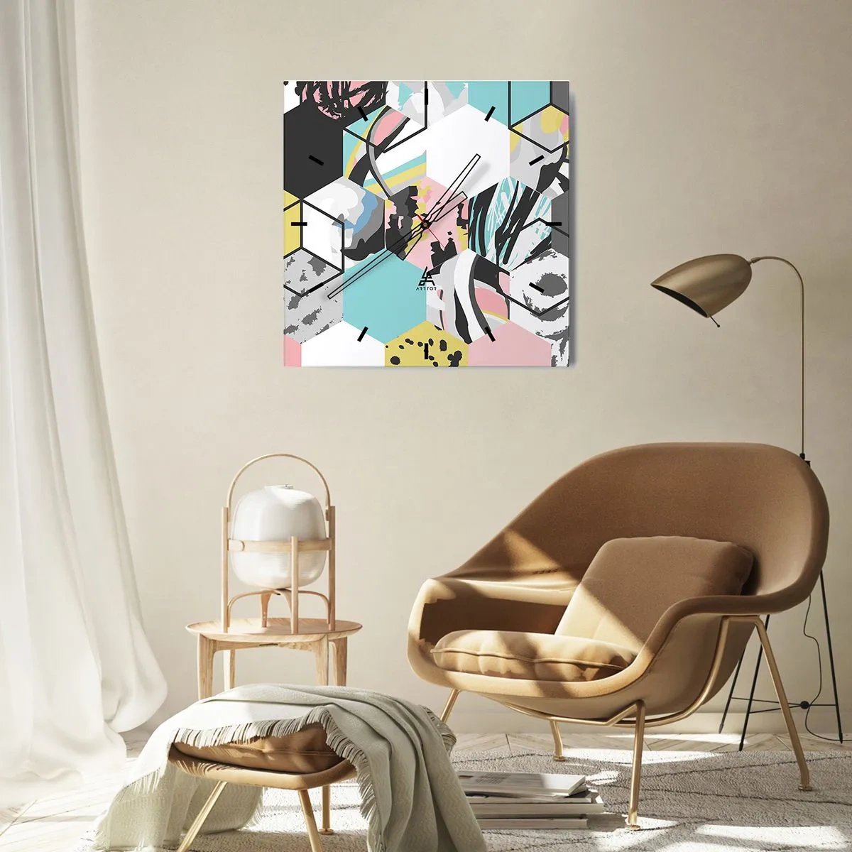 Nástenné hodiny - Šesťuholníky a kocky v šiestich farbách - 30x30 cm