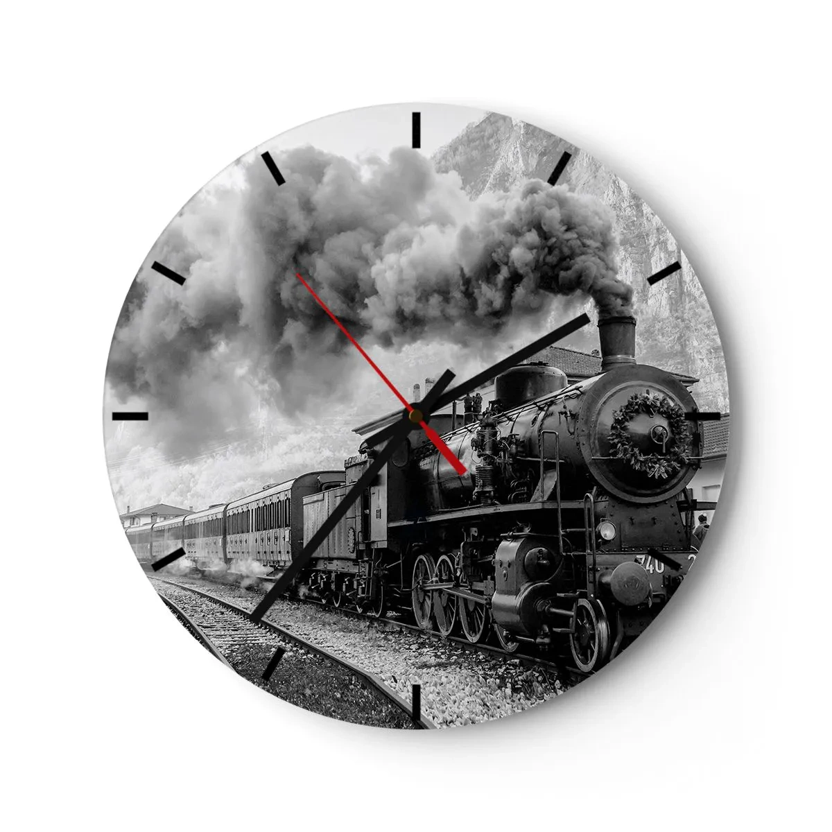 Nástenné hodiny - Čiernobiela parná lokomotíva s dymiacim komínom - 30x30cm - Stojí na stanici… - Moderná nástenná dekorácia do obývacej izby, kuchyne a spálne ARTTOR