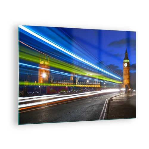 Obraz na skle - Big Ben v noci s rozmazanými svetlami auta - 70x50cm - Pod dohľadom Big Bena - Moderná nástenná dekorácia do obývacej izby a spálne ARTTOR