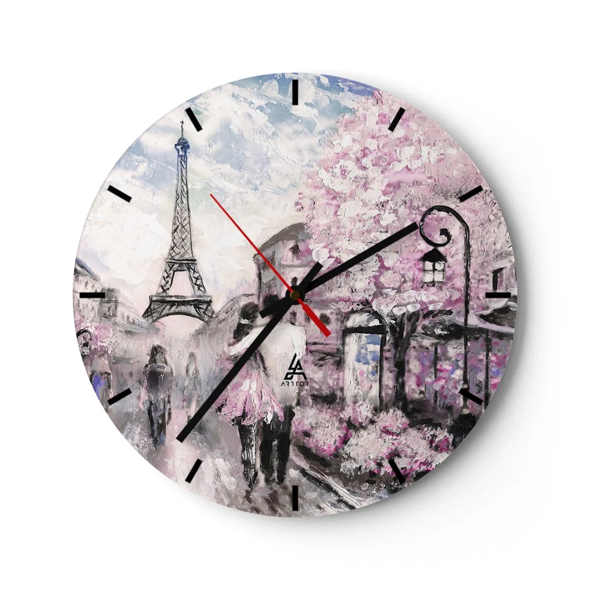 Nástenné hodiny - Romantický výhľad na Paríž s Eiffelovou vežou a kvitnúcimi stromami - 30x30cm - Keď sa zamilovať, tak len v… - Moderná nástenná dekorácia do obývacej izby, kuchyne a spálne ARTTOR
