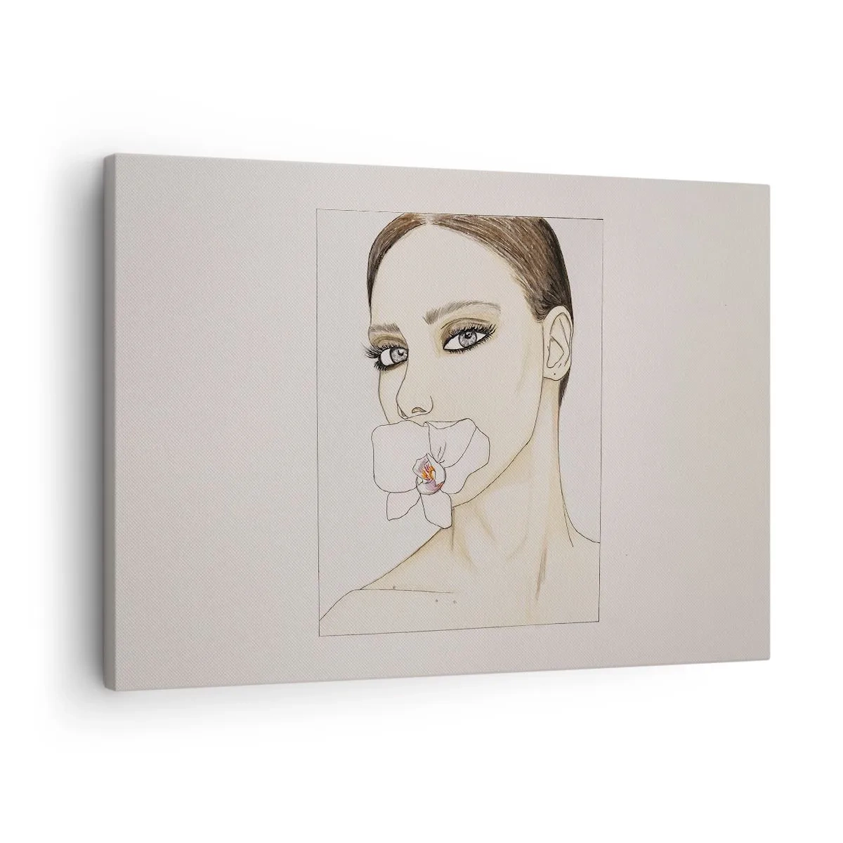 Obraz na plátne - Portrét ženy s orchideou v jemných farbách - 70x50cm - Symbol elegancie a krásy - Moderná nástenná dekorácia do obývacej izby a spálne ARTTOR