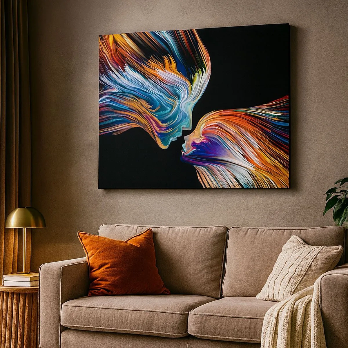 Obraz na plátne - Farebné siluety tvárí v dynamických prúdoch na čiernom pozadí - 70x50cm - Fúzie energie a svetla - Moderná nástenná dekorácia do obývacej izby a spálne ARTTOR