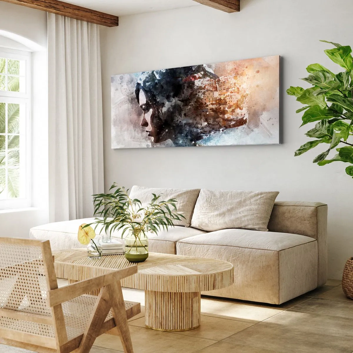 Obraz na plátne - Príbeh o dievčati s mestom v pozadí - 100x40 cm