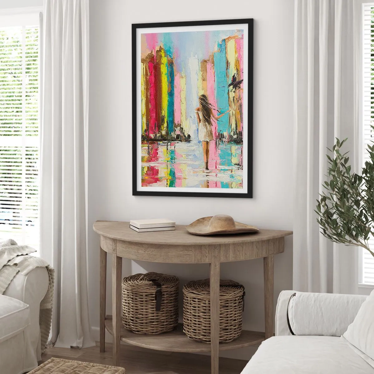 Plagát v čiernom ráme - Žena medzi farebnými budovami v impresionistickom štýle - 50x70cm - Poď so mnou - Moderná nástenná dekorácia do obývacej izby a spálne ARTTOR
