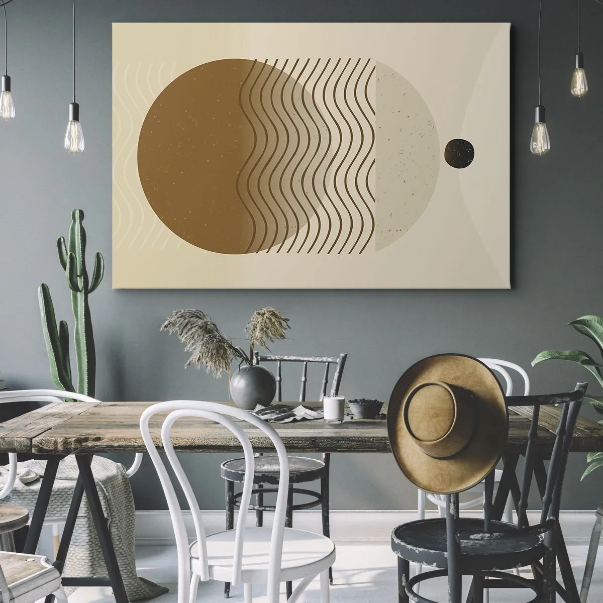 Obraz na plátne - Geometrická abstrakcia s kruhmi a vlnitými čiarami v teplých farbách. - 70x50cm - O pôvode geometrických obrazcov - Moderná nástenná dekorácia do obývacej izby a spálne ARTTOR