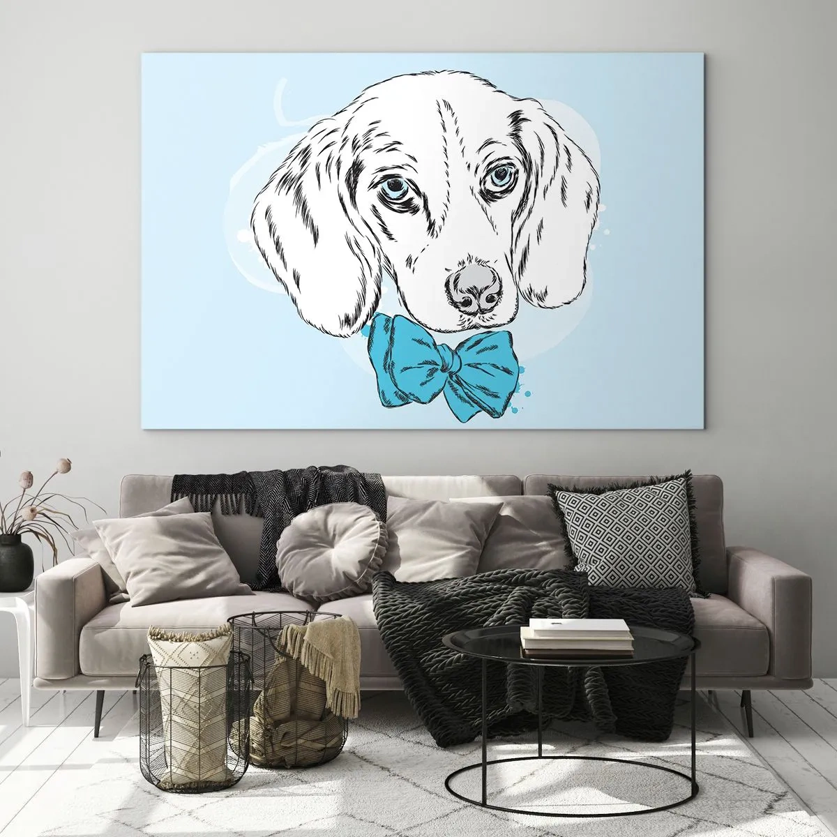 Obraz na skle - Kresba psa s motýlikom na modrom pozadí - 70x50cm - Psia elegancia - Moderná nástenná dekorácia do obývacej izby a spálne ARTTOR