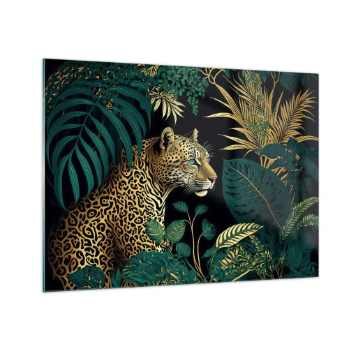 Obraz na skle - Leopard medzi tropickými listami na tmavom pozadí - 70x50cm - Hospodár v džungli - Moderná nástenná dekorácia do obývacej izby a spálne ARTTOR