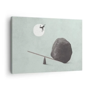 Obraz na plátne - Symbolická scéna s postavou a rovnováhou na pozadí jasnej oblohy. - 70x50cm - Splnený sen - Moderná nástenná dekorácia do obývacej izby a spálne ARTTOR