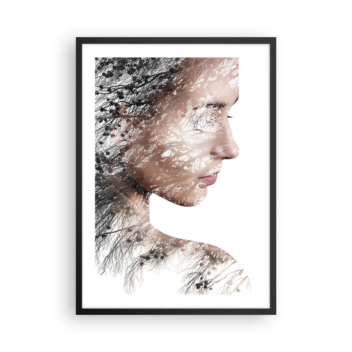 Plagát v čiernom ráme - Dvojexpozičný portrét ženy s motívom prírody - 50x70cm - Duch lesa - Moderná nástenná dekorácia do obývacej izby a spálne ARTTOR