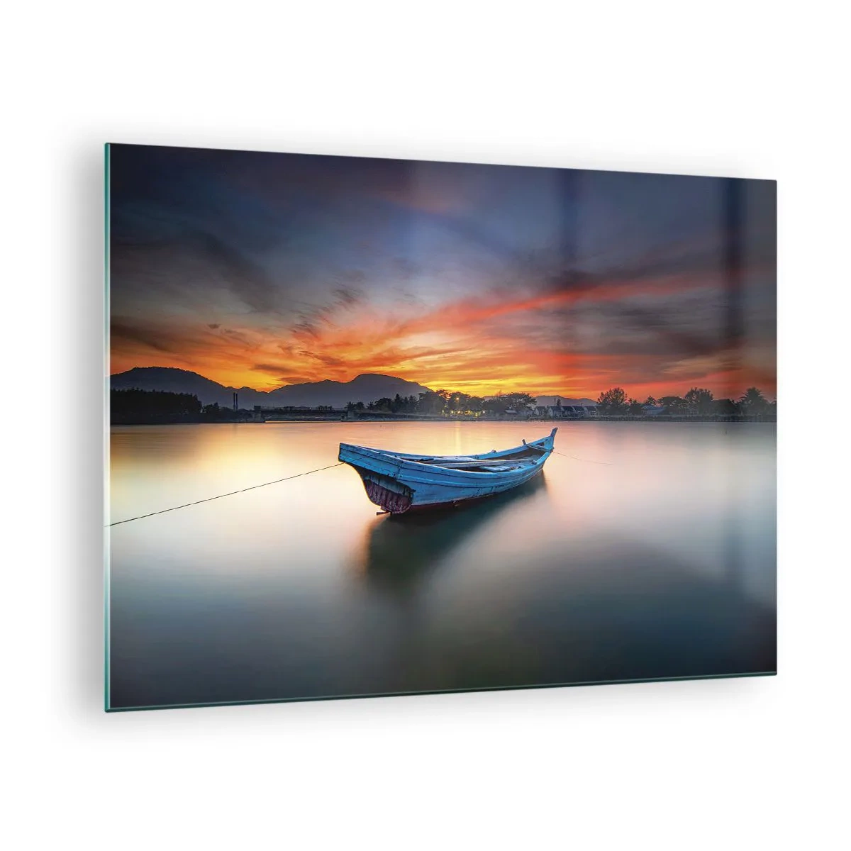 Obraz na skle - Drevená loďka na jazere pri západe slnka - 70x50cm - Blíži sa dobrá noc - Moderná nástenná dekorácia do obývacej izby a spálne ARTTOR