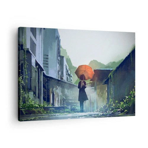Obraz na plátne - Postava s dáždnikom v daždivom meste - 70x50cm - Oživujúci dážď - Moderná nástenná dekorácia do obývacej izby a spálne ARTTOR