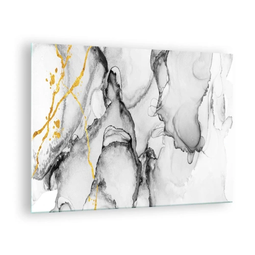Obraz na skle - Abstraktná čiernobiela kompozícia so zlatým akcentom - 70x50cm - Kompozícia so zlatým motívom - Moderná nástenná dekorácia do obývacej izby a spálne ARTTOR