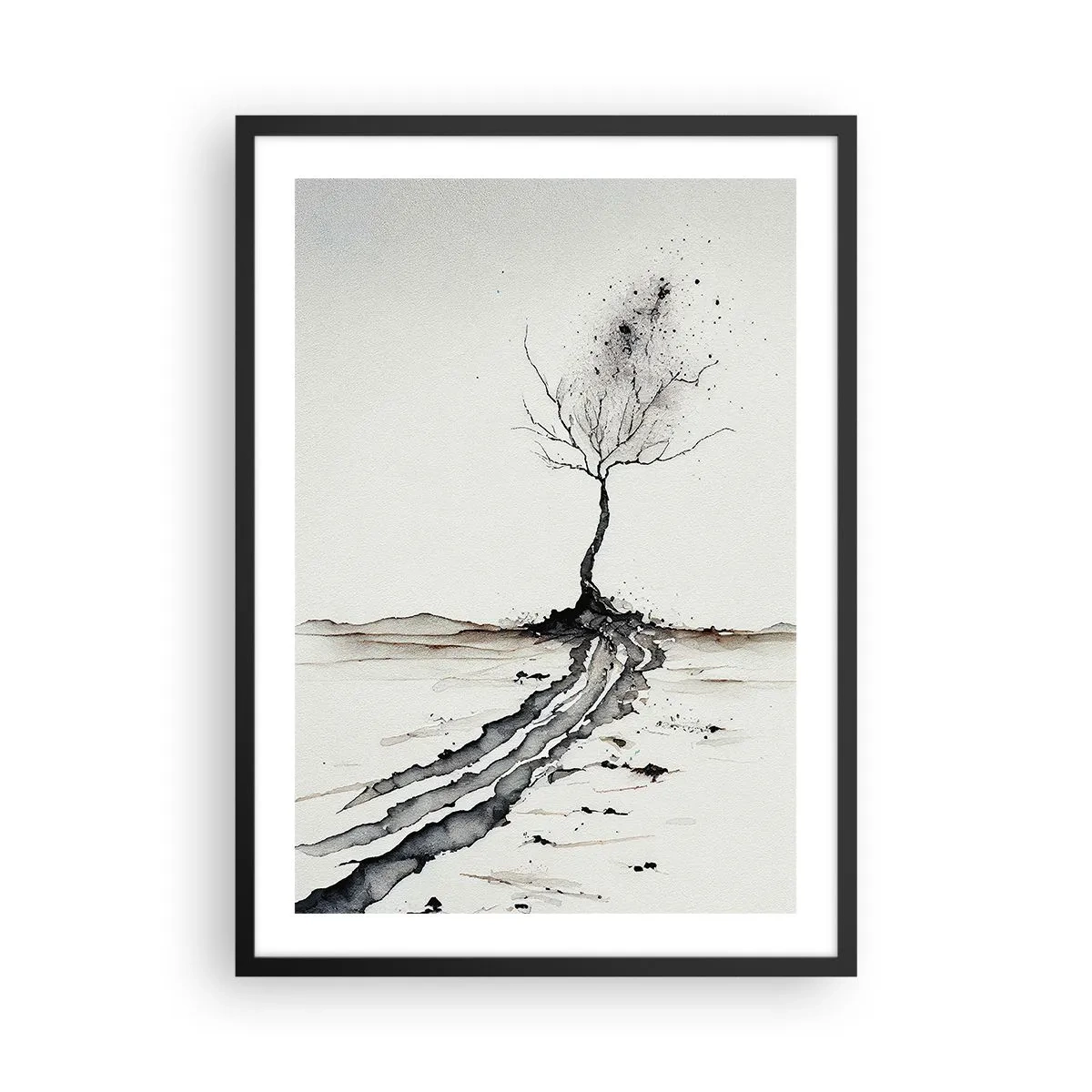Plagát v čiernom ráme - Minimalistický strom s abstraktnými koreňmi - 50x70cm - Zimná melanchólia - Moderná nástenná dekorácia do obývacej izby a spálne ARTTOR