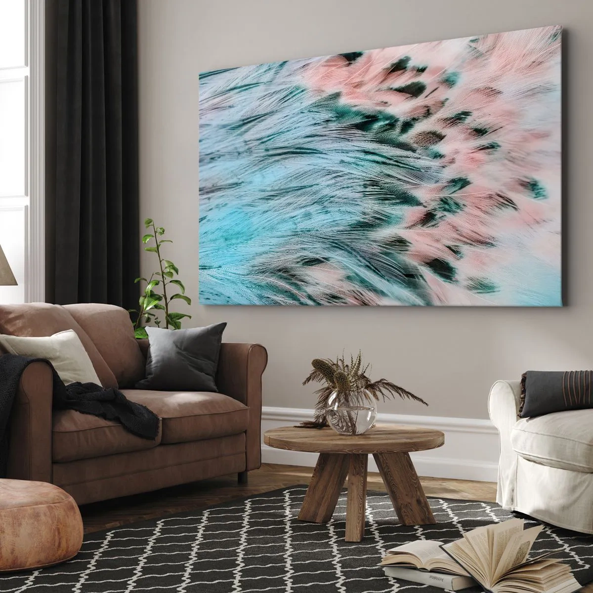 Obraz na plátne - Detailný záber na perie v pastelových zafírovo-ružových farbách - 70x50cm - Zafírovo ružové páperie - Moderná nástenná dekorácia do obývacej izby a spálne ARTTOR