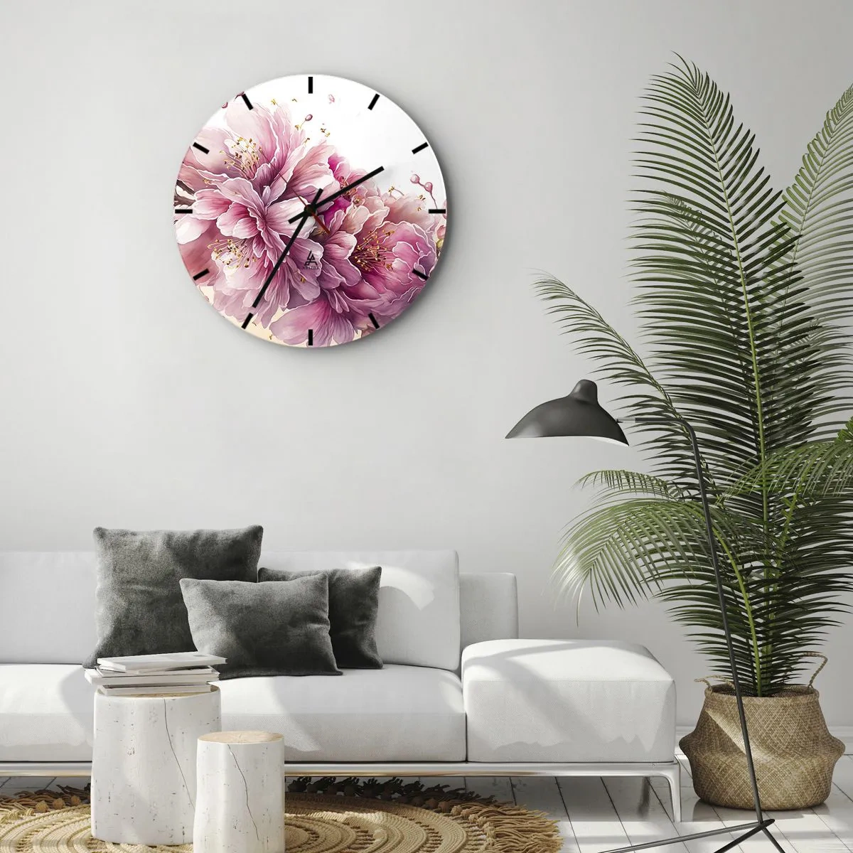 Nástenné hodiny - Kvitnúce ružové čerešňové kvety na bielom pozadí v umeleckom štýle - 30x30cm - Kvet kvitnúcej čerešne - Moderná nástenná dekorácia do obývacej izby, kuchyne a spálne ARTTOR